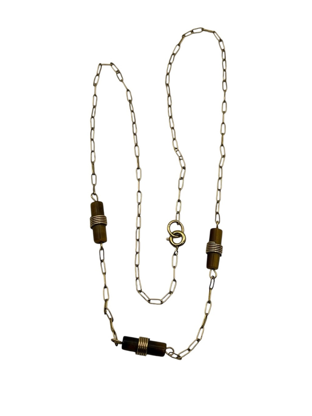 12k gold filled tigers eye brown barrel beads on chain necklace vintage